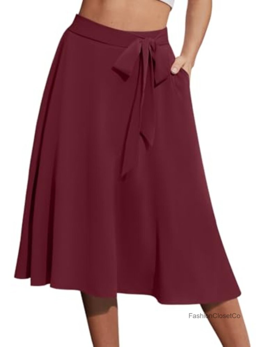 Chiffon A-Line Midi Skirt with Pockets & Tie Waist Belt